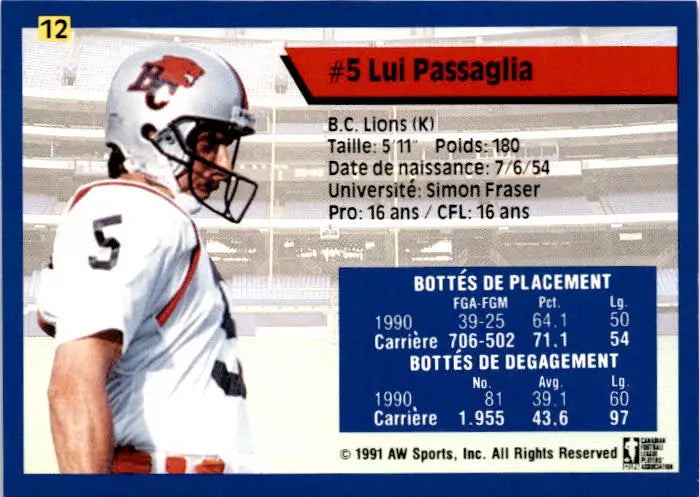 1991 All World CFL French #12 Lui Passaglia - Football Card Single