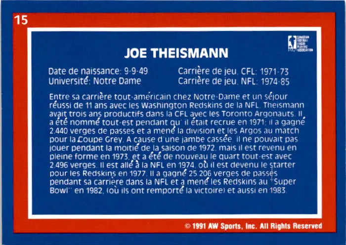 1991 All World CFL French #15 Joe Theismann - Football Card Single
