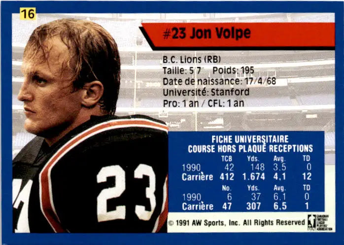 1991 All World CFL French #16 Jon Volpe - Football Card Single
