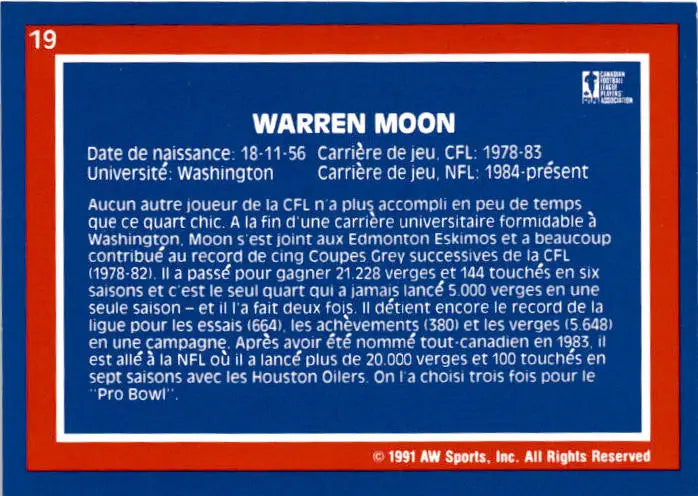 1991 All World CFL French #19 Warren Moon - Football Card Single