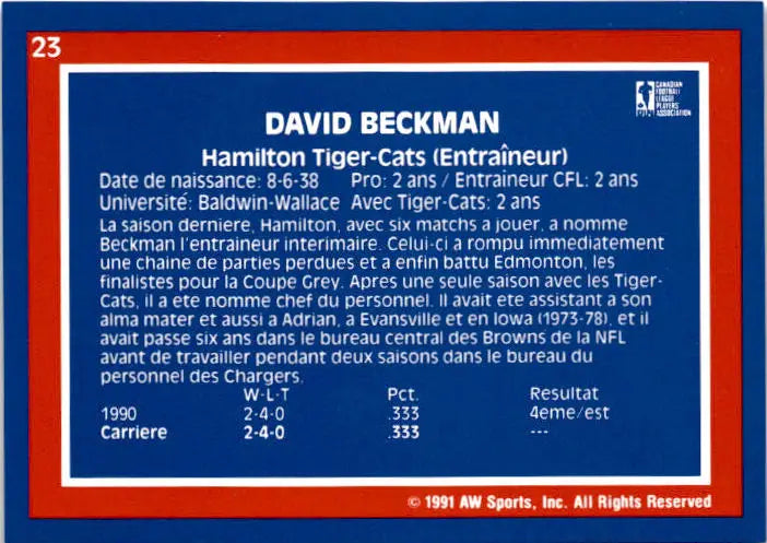1991 All World CFL French #23 David Beckman - Football Card Single