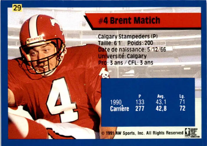 1991 All World CFL French #29 Brent Matich - Football Card Single