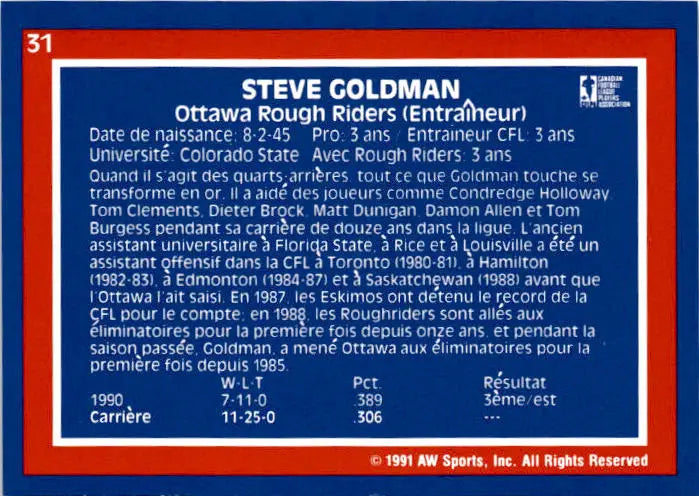 1991 All World CFL French #31 Steve Goldman - Football Card Single