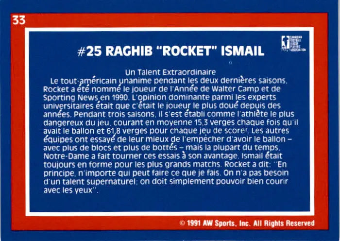 1991 All World CFL French #33 Raghib Ismail - Football Card Single