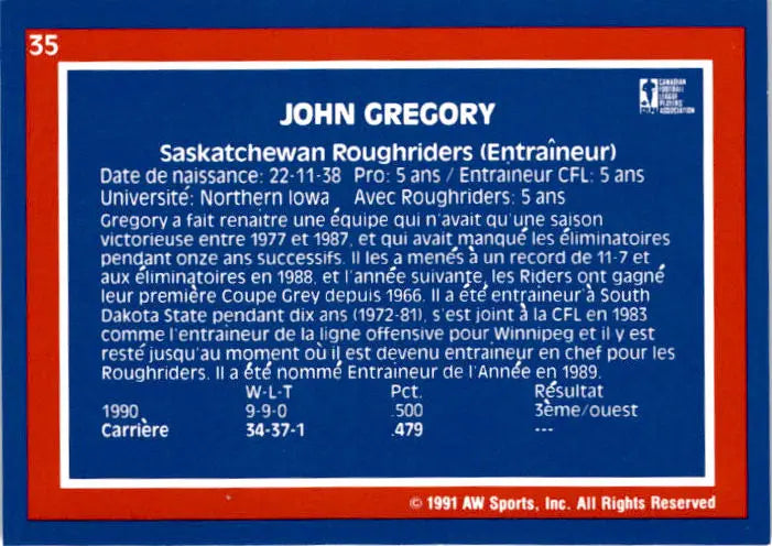 1991 All World CFL French #35 John Gregory - Football Card Single