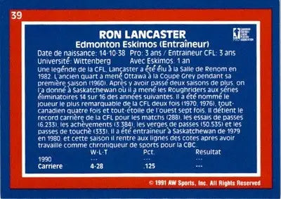 1991 All World CFL French #39 Ron Lancaster - Football Card Single