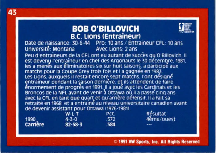 1991 All World CFL French #43 Bob O’Billovich - Football Card Single