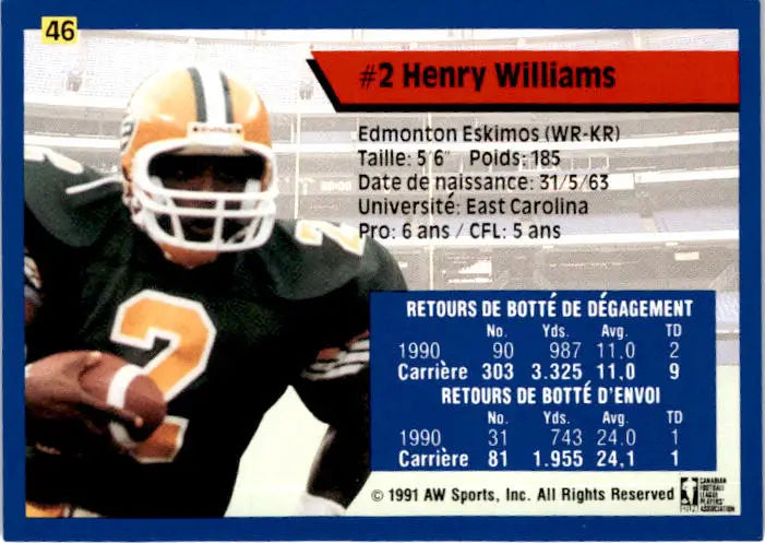 1991 All World CFL French #46 Henry Williams - Football Card Single