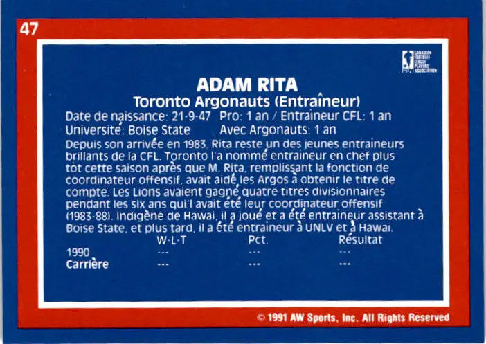 1991 All World CFL French #47 Adam Rita - Football Card Single