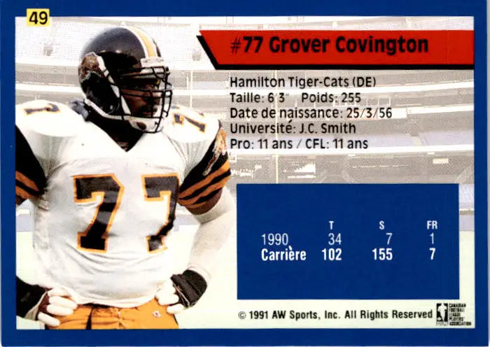 1991 All World CFL French #49 Grover Covington - Football Card Single