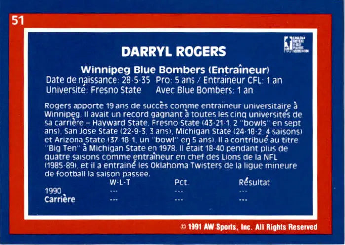 1991 All World CFL French #51 Darryl Rogers - Football Card Single