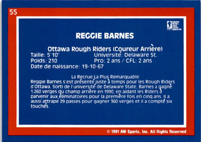 1991 All World CFL French #55 Reggie Barnes - Football Card Single