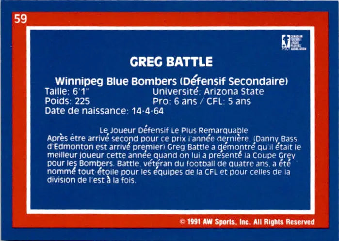 1991 All World CFL French #59 Greg Battle - Football Card Single