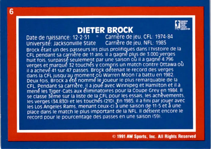1991 All World CFL French #6 Dieter Brock - Football Card Single