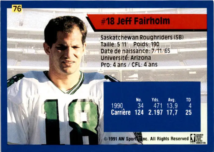 1991 All World CFL French #76 Jeff Fairholm - Football Card Single