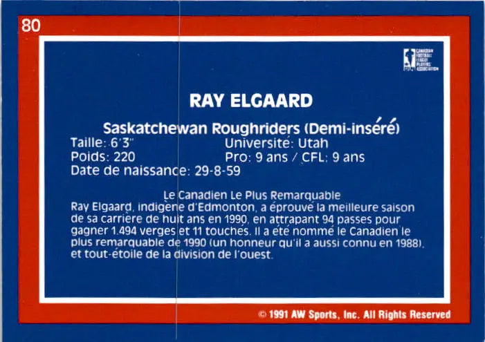 1991 All World CFL French #80 Ray Elgaard - Football Card Single