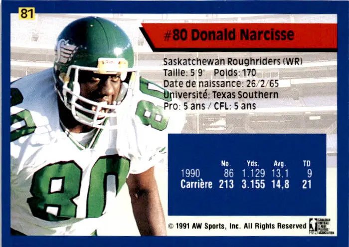 1991 All World CFL French #81 Donald Narcisse - Football Card Single