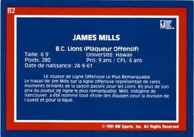 1991 All World CFL French #82 James Mills - Football Card Single
