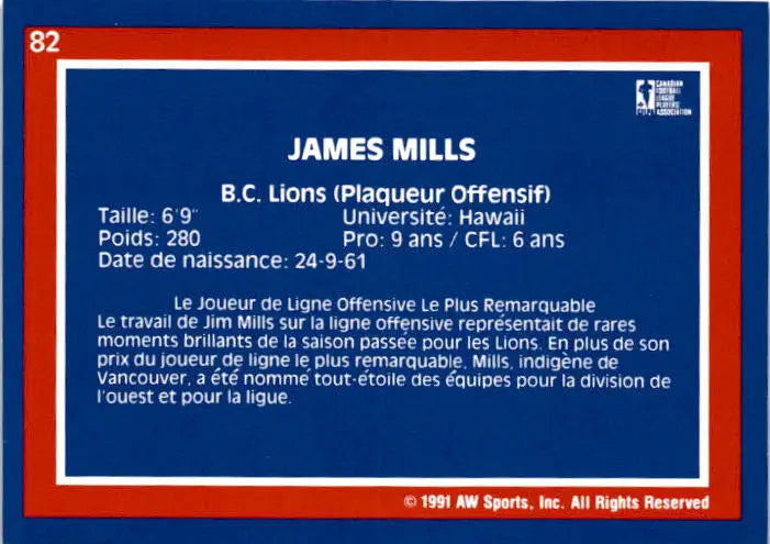 1991 All World CFL French #82 James Mills - Football Card Single