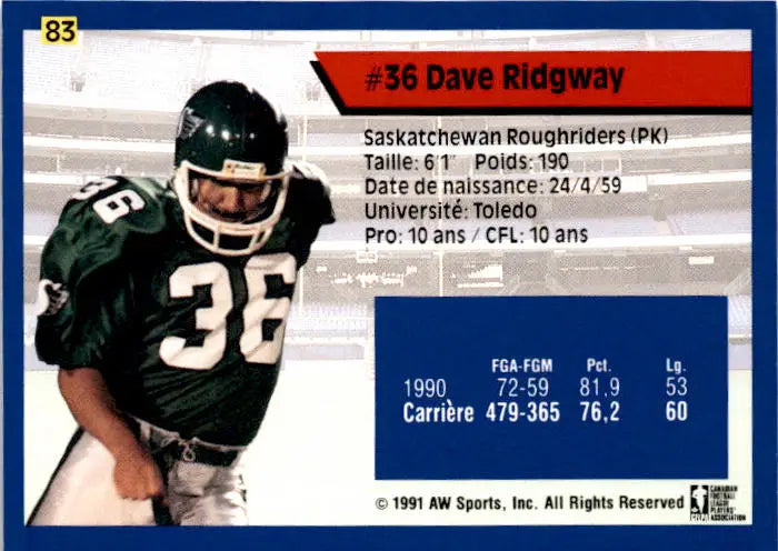 1991 All World CFL French #83 Dave Ridgway - Football Card Single