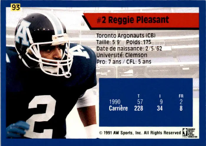 1991 All World CFL French #93 Reggie Pleasant - Football Card Single
