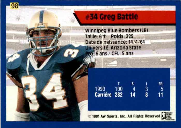1991 All World CFL French #98 Greg Battle - Football Card Single