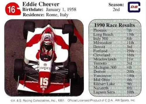 1991 All World Indy #16 Eddie Cheever NM Near Mint ID:6673 - Racing Card Single