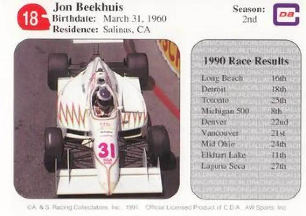 1991 All World Indy #18 Jon Beekhuis NM Near Mint ID:6674 - Racing Card Single