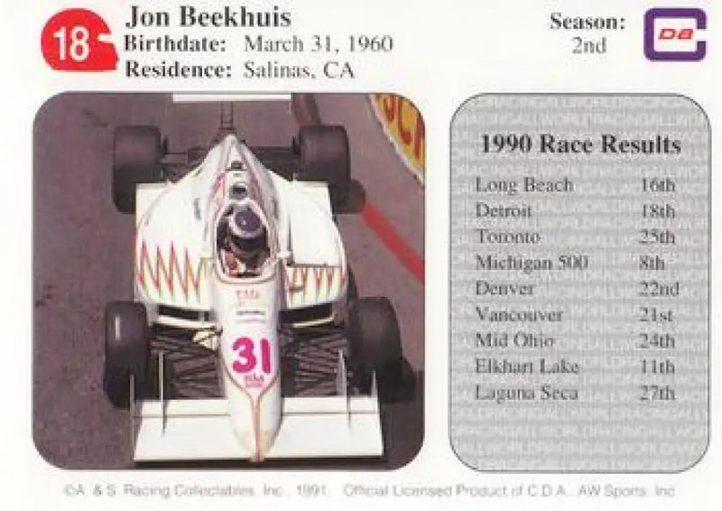1991 All World Indy #18 Jon Beekhuis NM Near Mint ID:6674 - Racing Card Single
