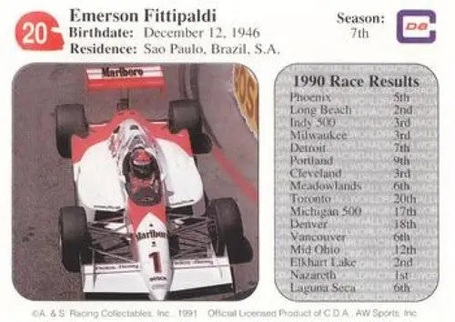 1991 All World Indy #20 Emerson Fittipaldi NM Near Mint ID:6675 - Racing Card Single