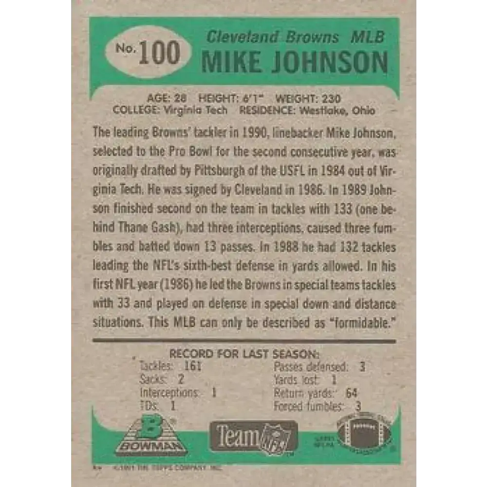 1991 Bowman #100 Mike Johnson NM-MT Cleveland Browns Football Card - Football Card Single