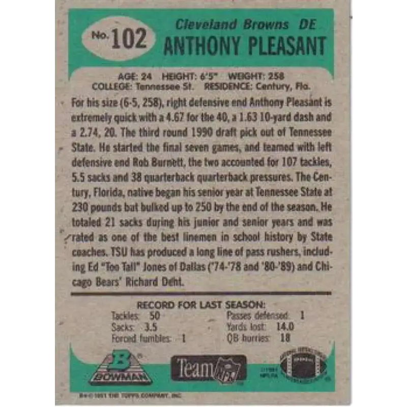 1991 Bowman #102 Anthony Pleasant NM-MT Cleveland Browns Football Card - Football Card Single