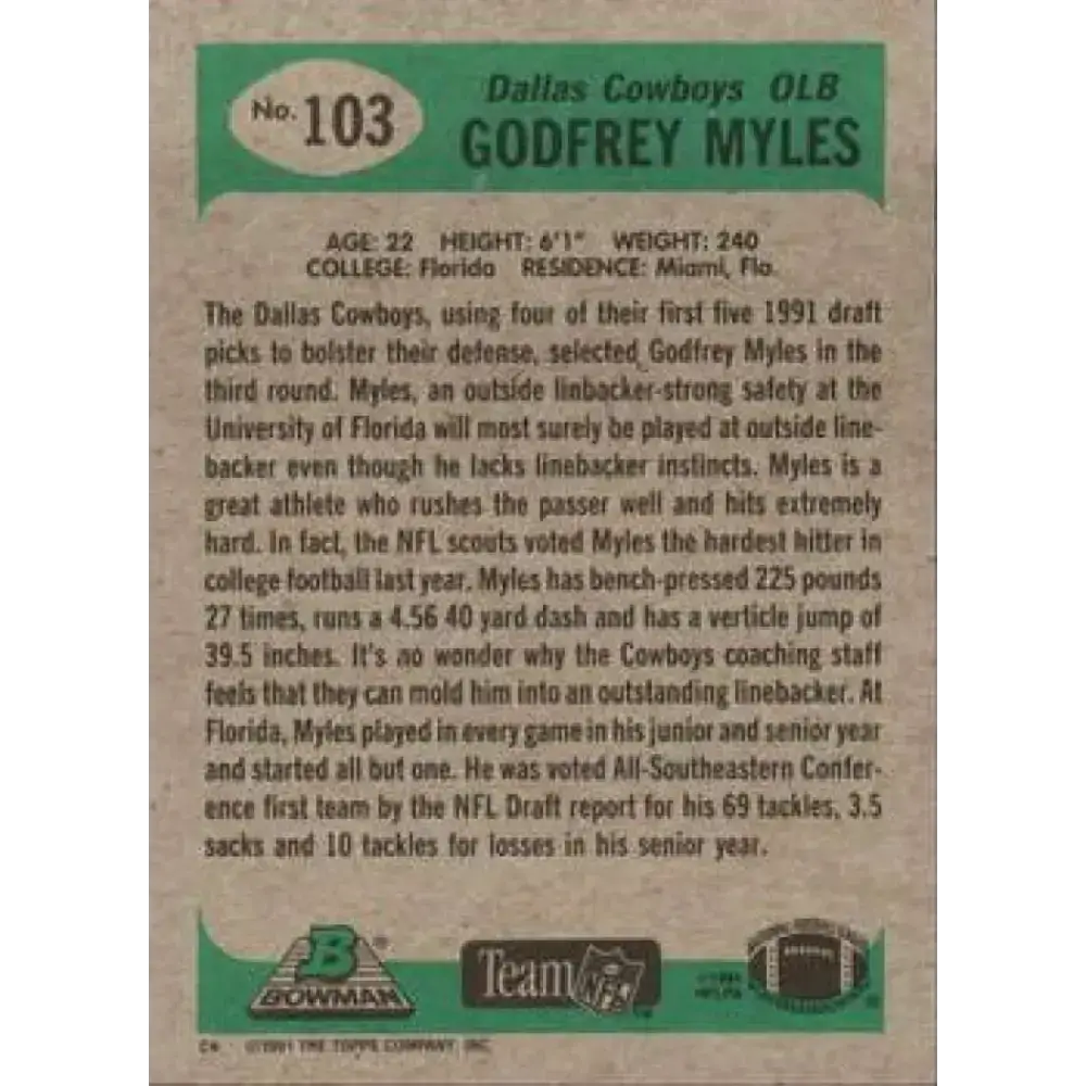 1991 Bowman #103 Godfrey Myles NM-MT RC Rookie Dallas Cowboys Football Card - Football Card Single