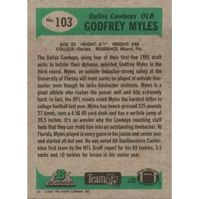 1991 Bowman #103 Godfrey Myles NM-MT RC Rookie Dallas Cowboys Football Card - Football Card Single