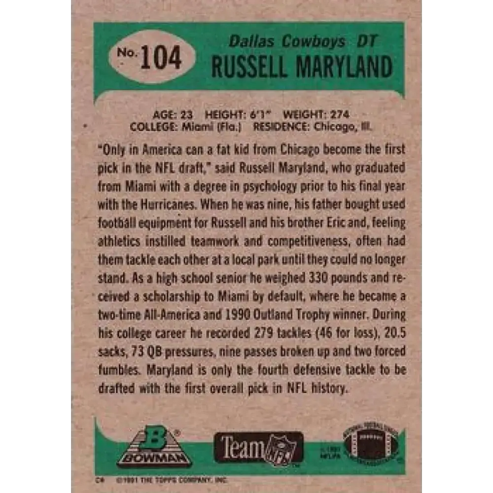 1991 Bowman #104 Russell Maryland NM-MT RC Rookie Dallas Cowboys Football Card - Football Card Single