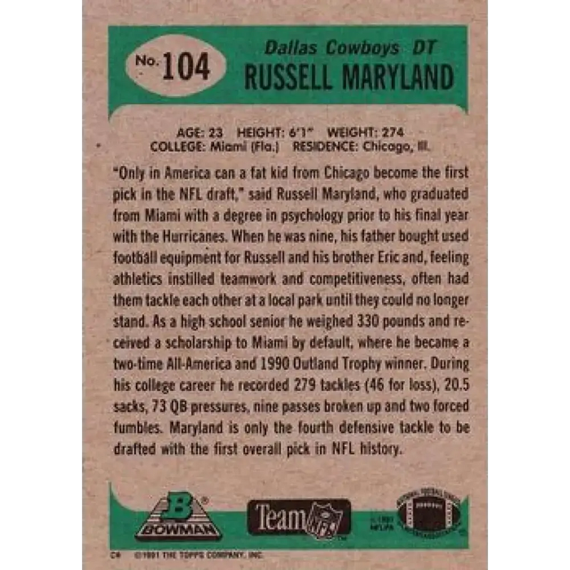 1991 Bowman #104 Russell Maryland NM-MT RC Rookie Dallas Cowboys Football Card - Football Card Single