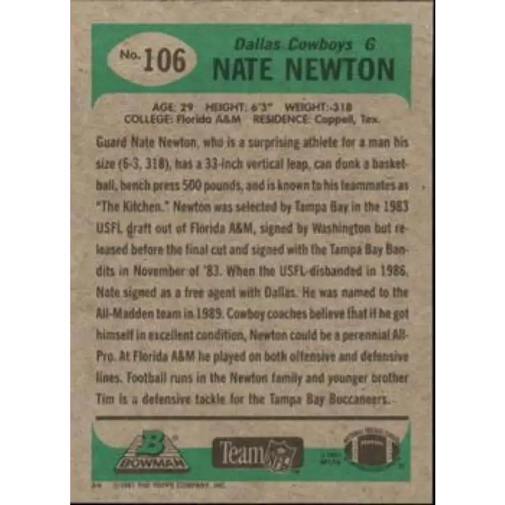 1991 Bowman #106 Nate Newton NM-MT Dallas Cowboys Football Card - Football Card Single