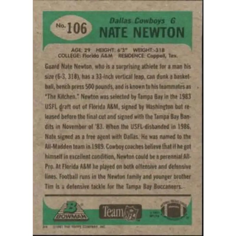 1991 Bowman #106 Nate Newton NM-MT Dallas Cowboys Football Card - Football Card Single