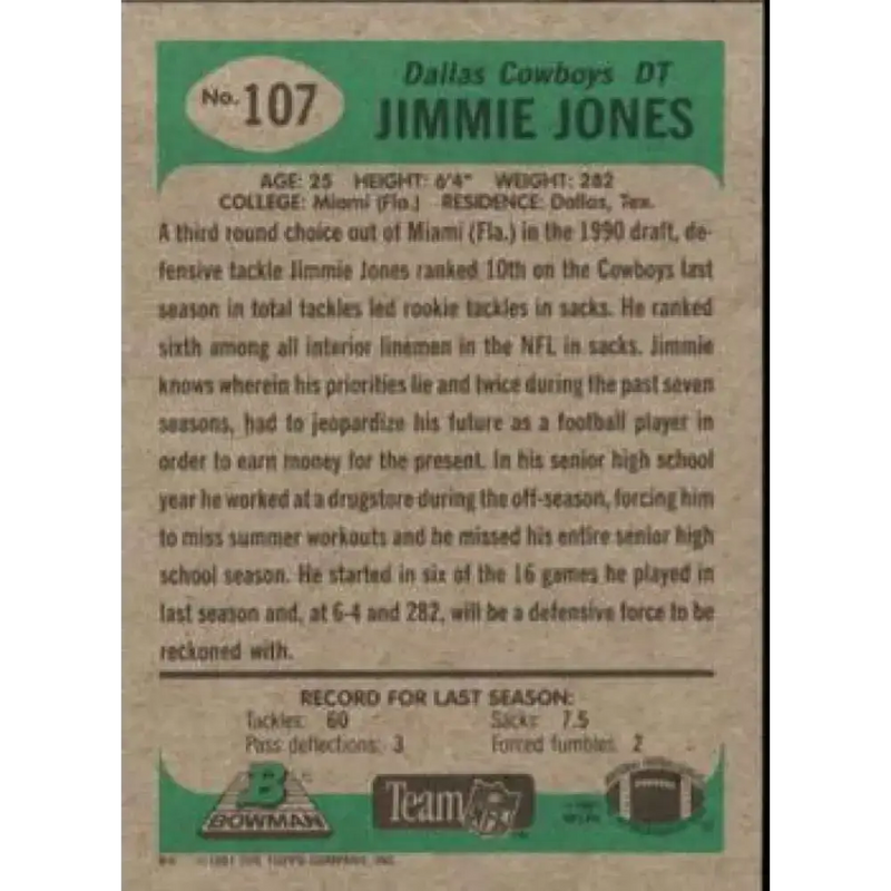 1991 Bowman #107 Jimmie Jones NM-MT Dallas Cowboys Football Card - Football Card Single