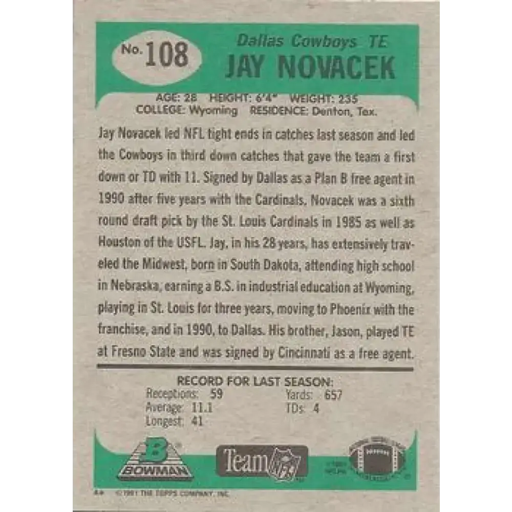1991 Bowman #108 Jay Novacek NM-MT Dallas Cowboys Football Card