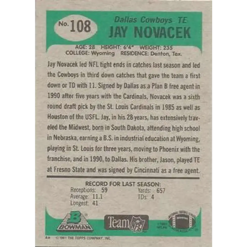 1991 Bowman #108 Jay Novacek NM-MT Dallas Cowboys Football Card