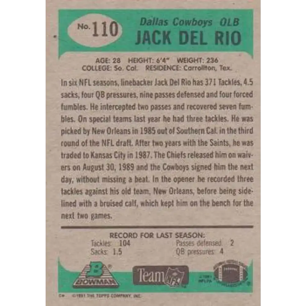 1991 Bowman #110 Jack Del Rio NM-MT Dallas Cowboys Football Card - Football Card Single