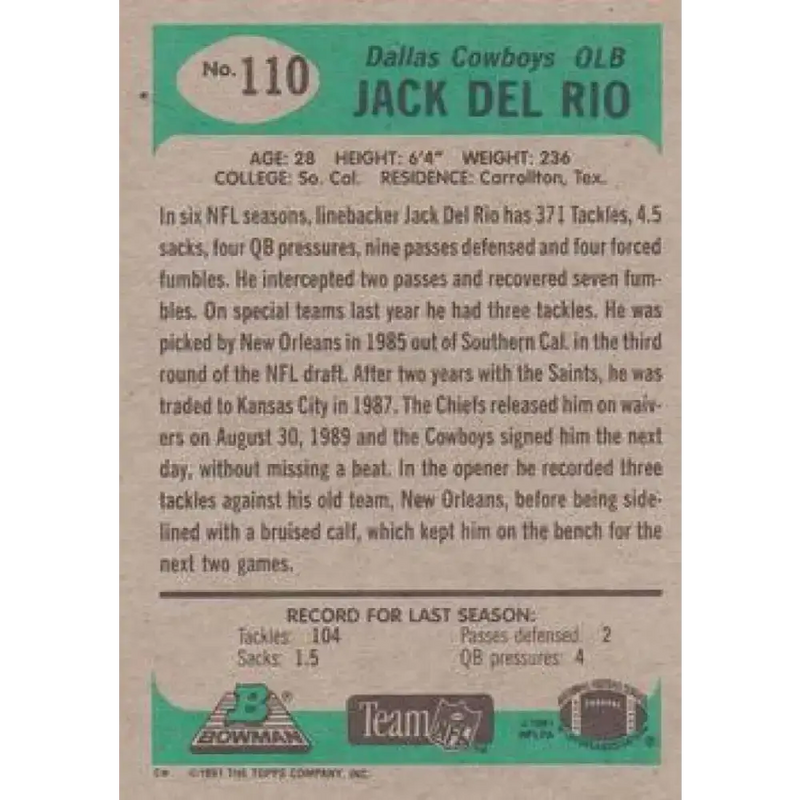 1991 Bowman #110 Jack Del Rio NM-MT Dallas Cowboys Football Card - Football Card Single