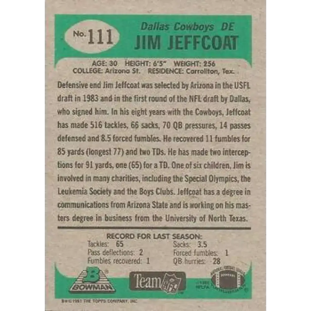 1991 Bowman #111 Jim Jeffcoat NM-MT Dallas Cowboys Football Card - Football Card Single