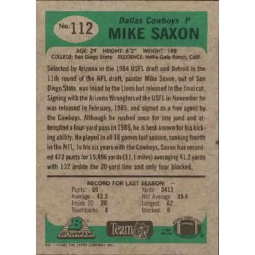 1991 Bowman #112 Mike Saxon NM-MT Dallas Cowboys Football Card - Football Card Single