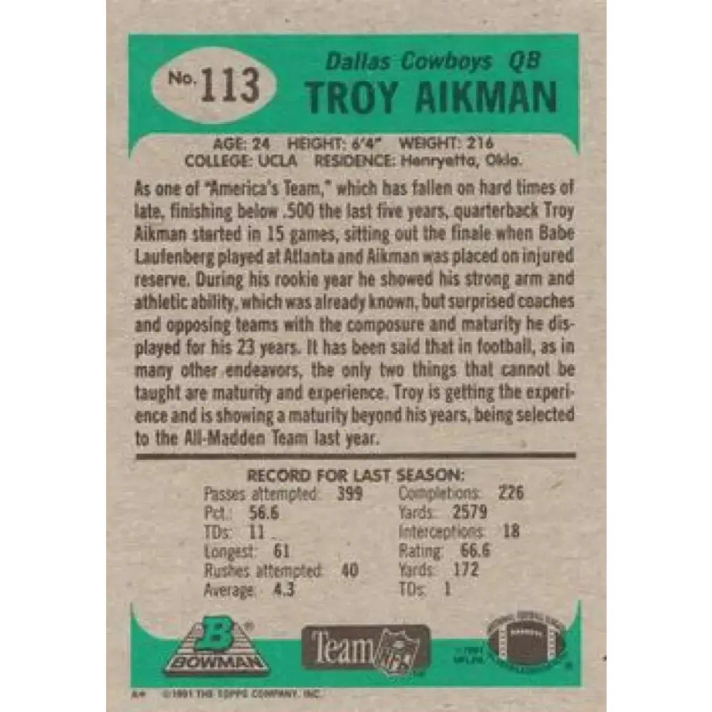 1991 Bowman #113 Troy Aikman NM-MT Dallas Cowboys Football Card - Football Card Single
