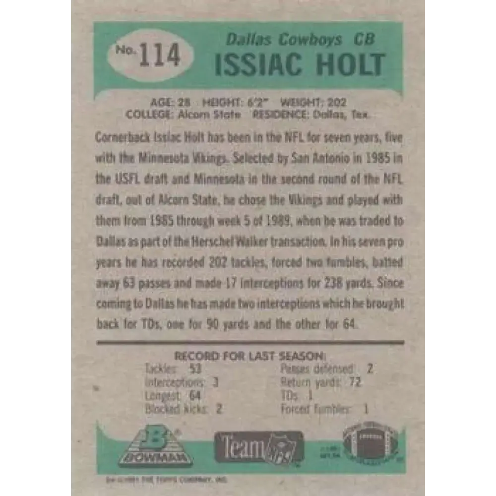 1991 Bowman #114 Issiac Holt NM-MT Dallas Cowboys Football Card - Football Card Single