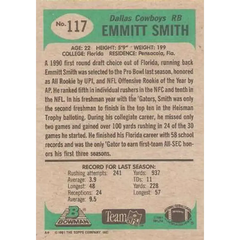 1991 Bowman #117 Emmitt Smith NM-MT Dallas Cowboys Football Card - Football Card Single