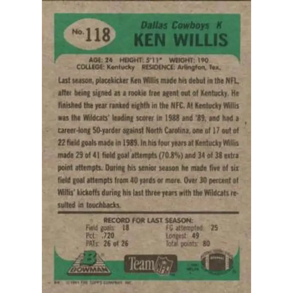1991 Bowman #118 Ken Willis NM-MT Dallas Cowboys Football Card - Football Card Single