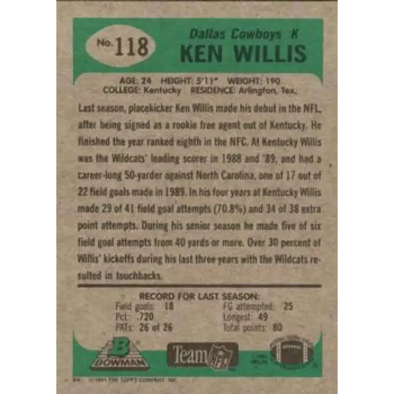 1991 Bowman #118 Ken Willis NM-MT Dallas Cowboys Football Card - Football Card Single